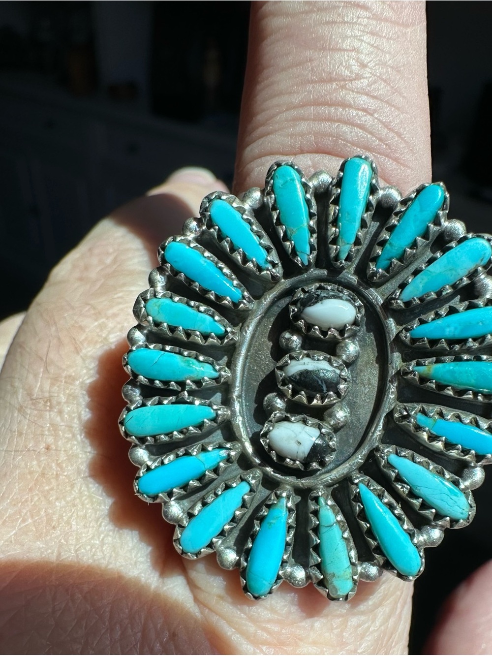 Needlepoint Turquoise & White Buffalo Adjustable Sterling Silver Ring 🩵🩵🩵